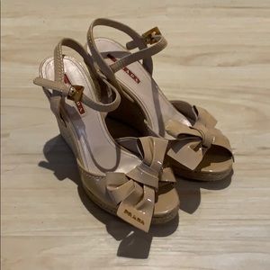 Prada Beige Bow Wedge Heels